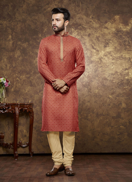 Rust Red Cotton Printed Kurta Pajama Set