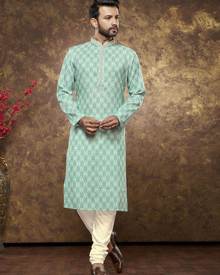 Sea Green Cotton Printed Kurta Pajama Set