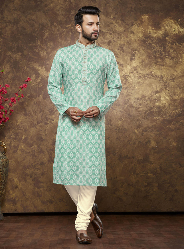 Sea Green Cotton Printed Kurta Pajama Set