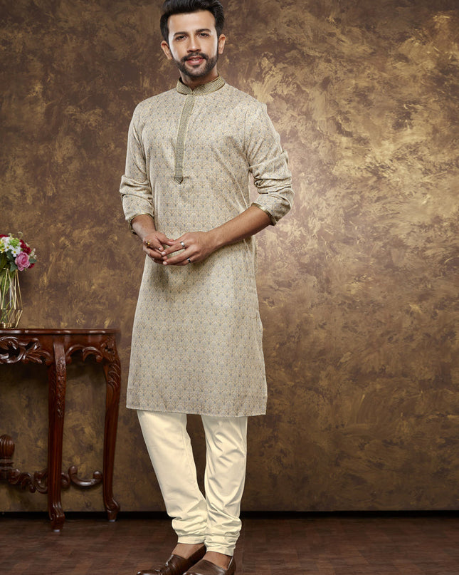 Dusty Beige Cotton Printed Kurta Pajama Set