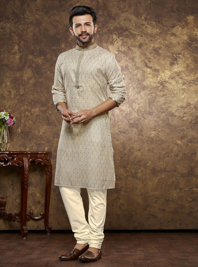 Dusty Beige Cotton Printed Kurta Pajama Set