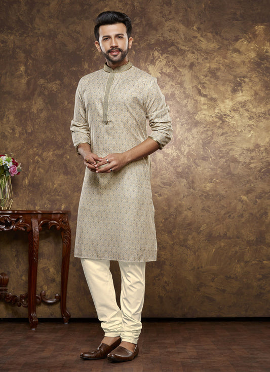 Dusty Beige Cotton Printed Kurta Pajama Set