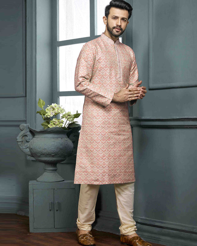Peach Jacquard Mens Kurta Pajama Set