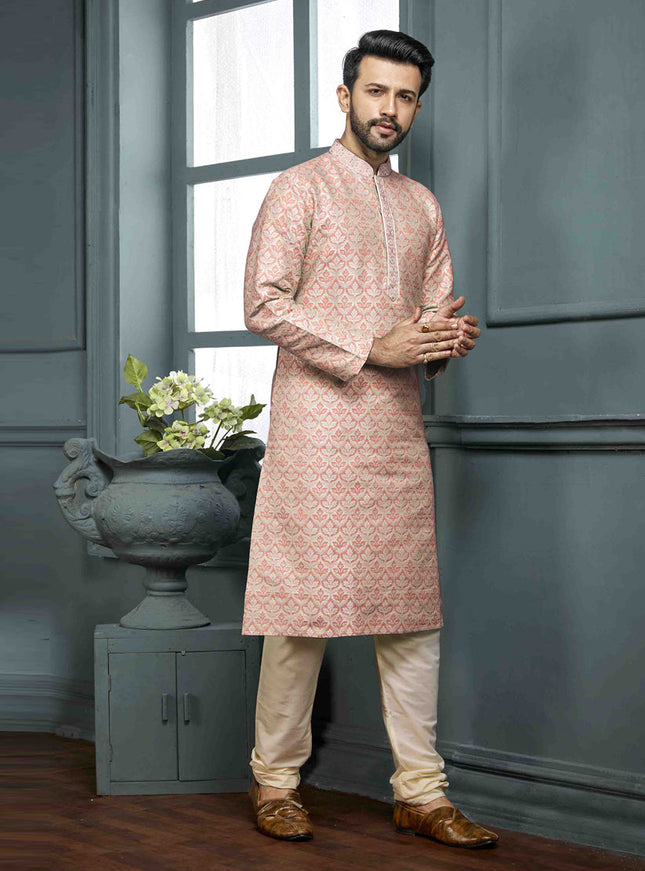 Peach Jacquard Mens Kurta Pajama Set