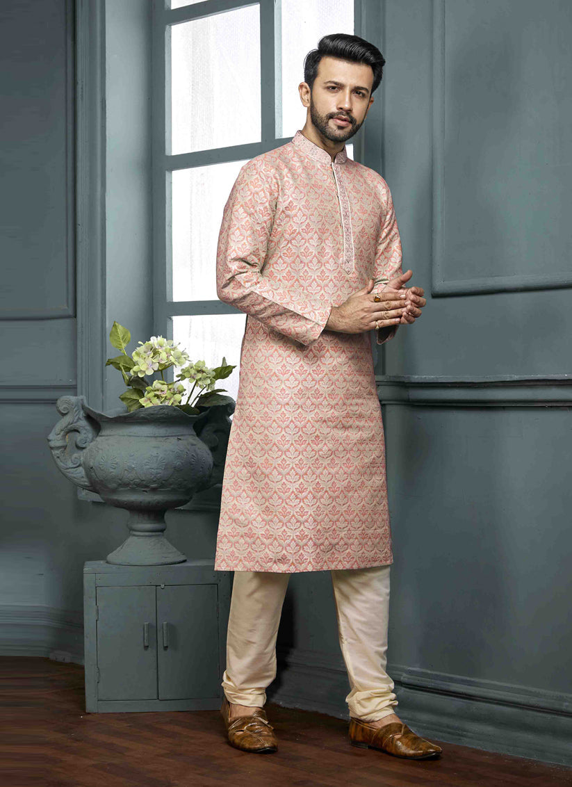Peach Jacquard Mens Kurta Pajama Set