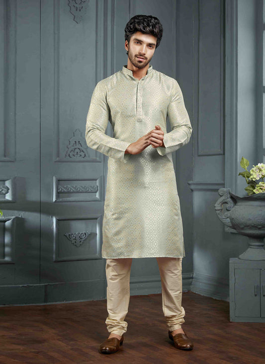Pastel Green Jacquard Mens Kurta Pajama Set