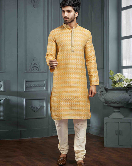 Golden Yellow Jacquard Mens Kurta Pajama Set