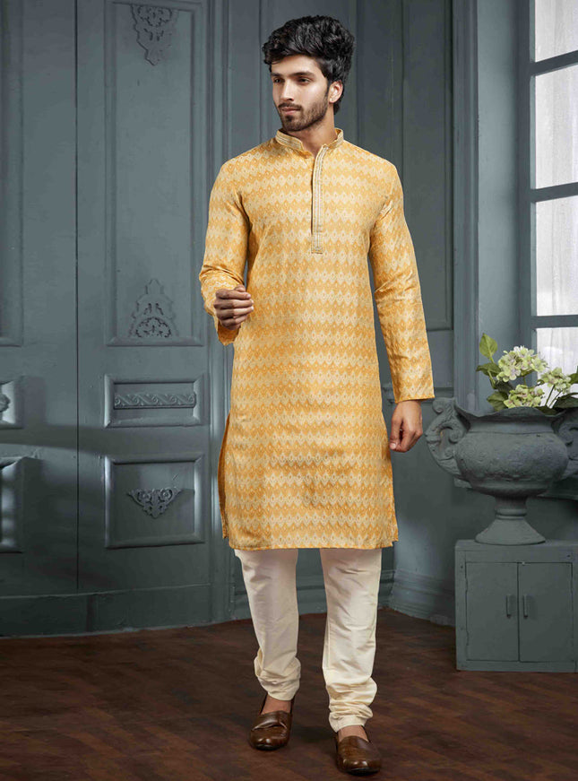Golden Yellow Jacquard Mens Kurta Pajama Set