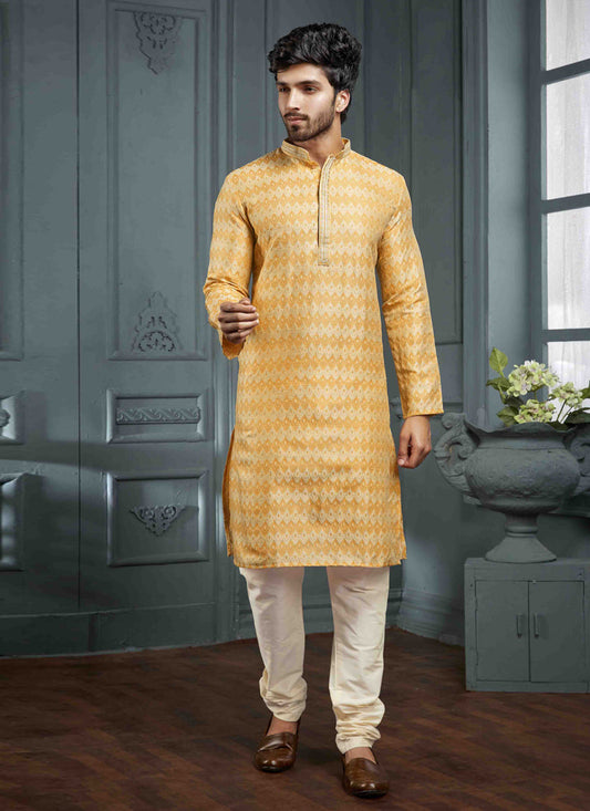 Golden Yellow Jacquard Mens Kurta Pajama Set