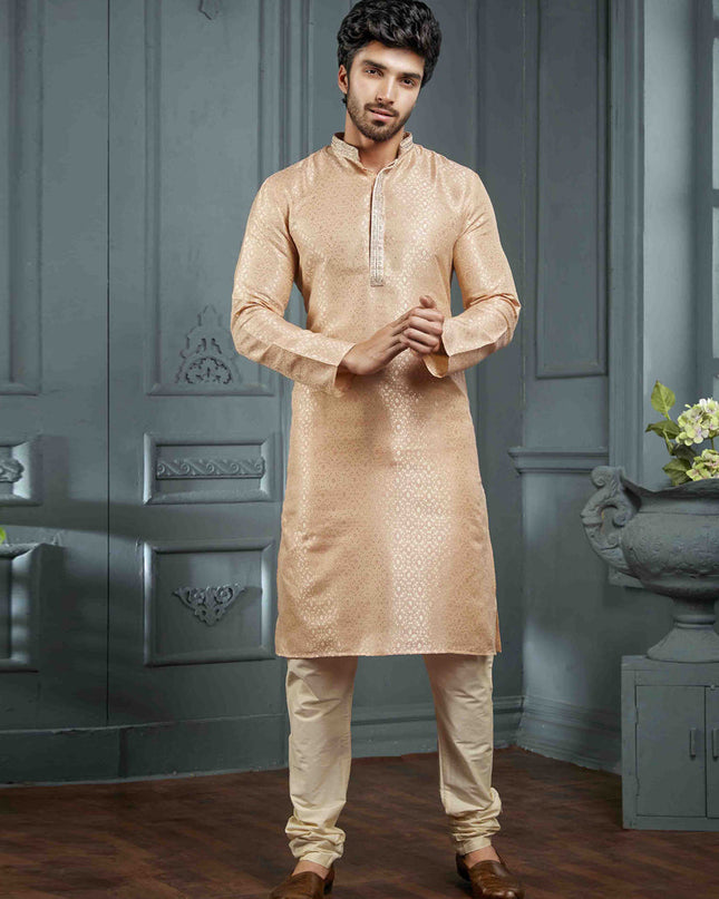 Peach Jacquard Mens Kurta Pajama Set
