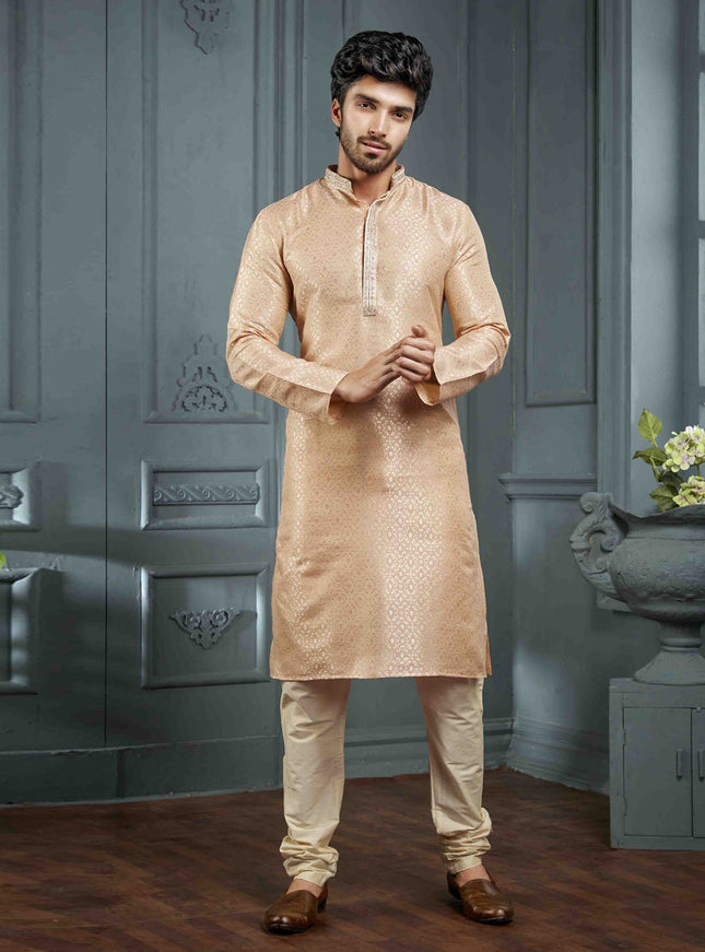 Peach Jacquard Mens Kurta Pajama Set