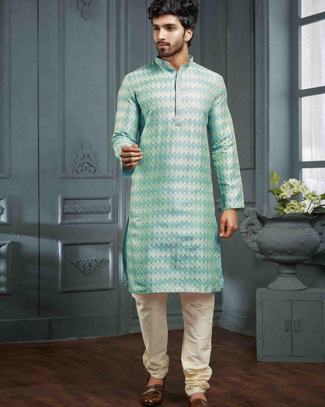 Turquoise Jacquard Mens Kurta Pajama Set