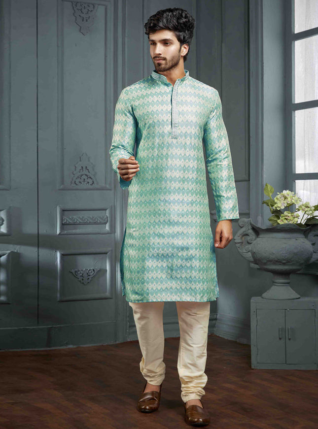 Turquoise Jacquard Mens Kurta Pajama Set