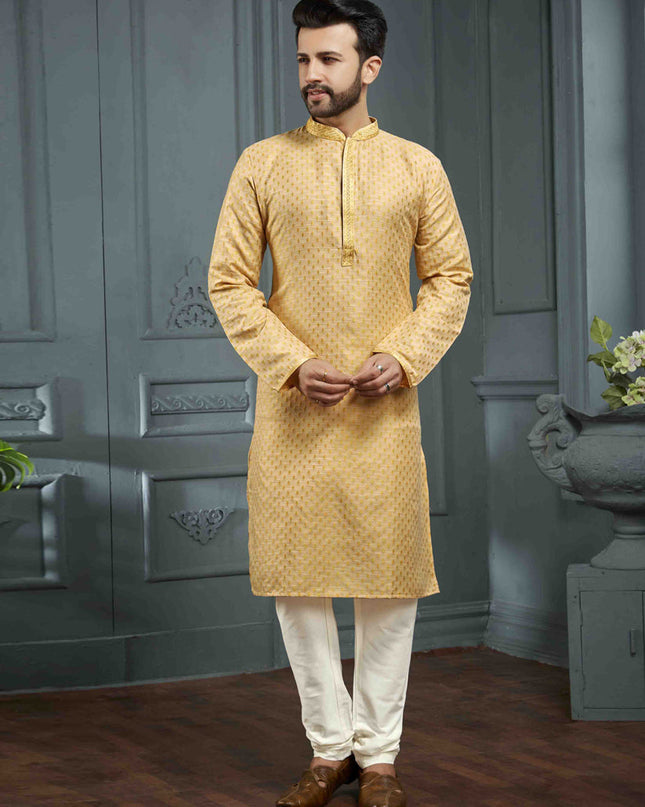 Maize Yellow Jacquard Mens Kurta Pajama Set