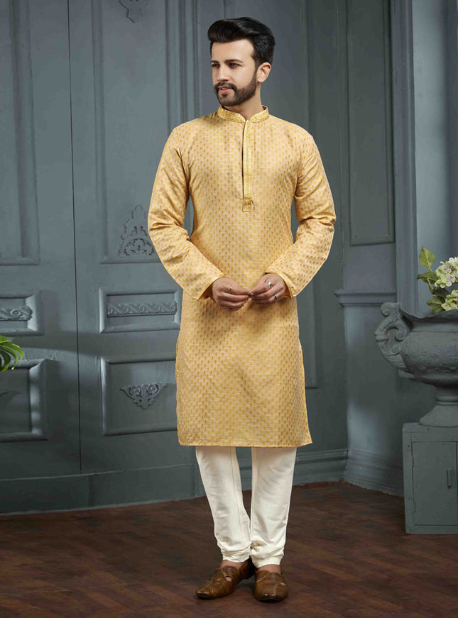 Maize Yellow Jacquard Mens Kurta Pajama Set