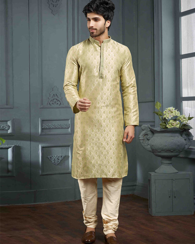 Pistachio Green Jacquard Mens Kurta Pajama Set