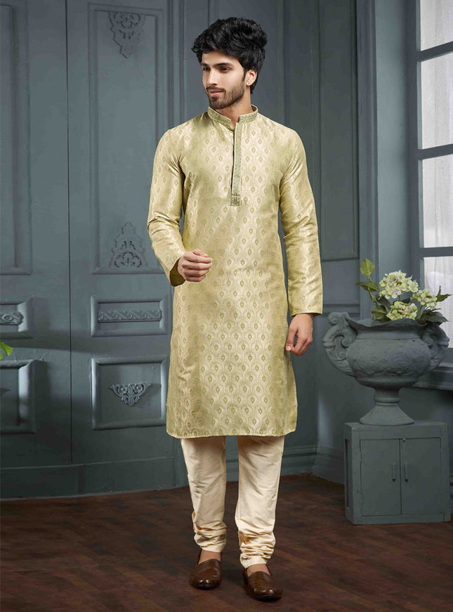 Pistachio Green Jacquard Mens Kurta Pajama Set