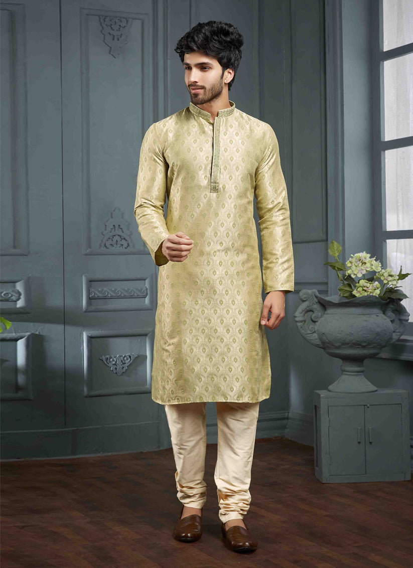 Pistachio Green Jacquard Mens Kurta Pajama Set