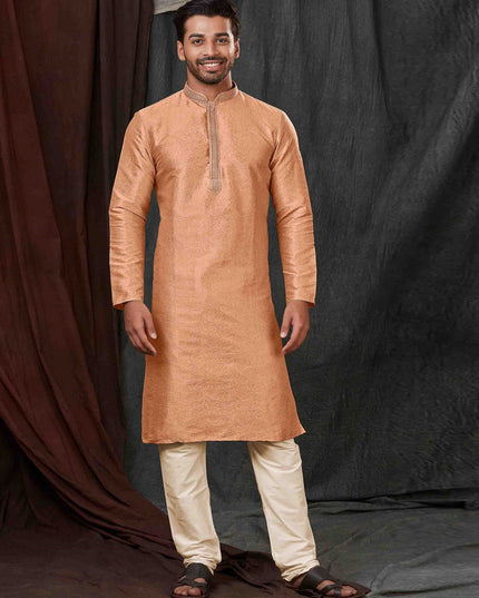 Salmon Orange Jacquard Mens Kurta Pajama Set