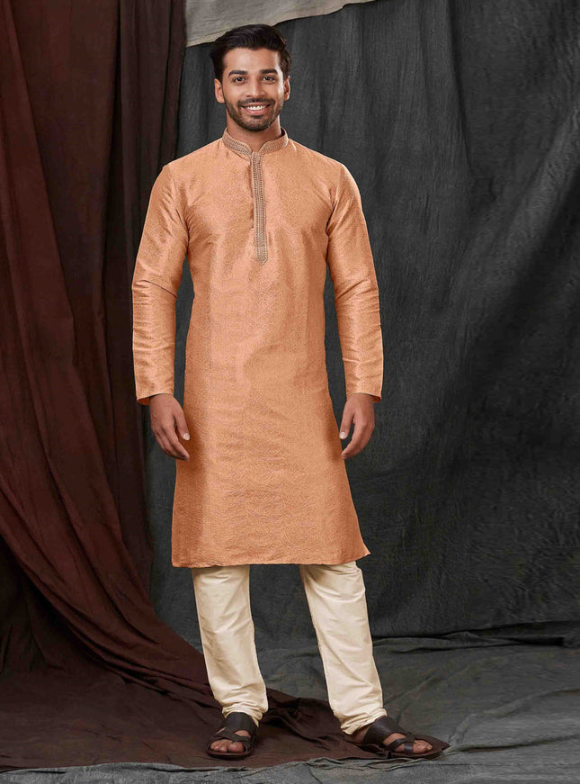 Salmon Orange Jacquard Mens Kurta Pajama Set