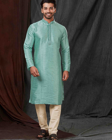 Aqua Blue Jacquard Mens Kurta Pajama Set