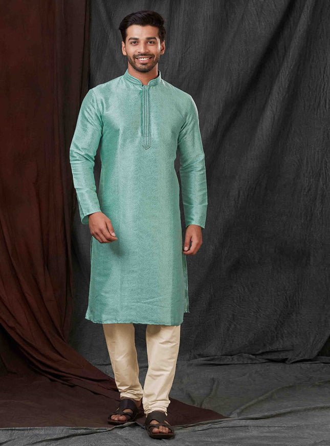 Aqua Blue Jacquard Mens Kurta Pajama Set