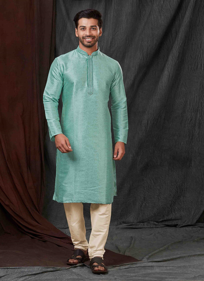 Aqua Blue Jacquard Mens Kurta Pajama Set