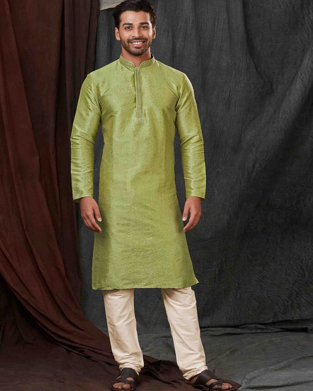 Lime Green Jacquard Mens Kurta Pajama Set