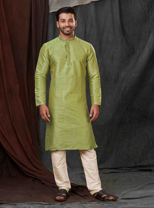 Lime Green Jacquard Mens Kurta Pajama Set