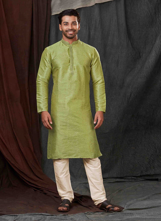 Lime Green Jacquard Mens Kurta Pajama Set