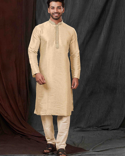 Beige Jacquard Mens Kurta Pajama Set