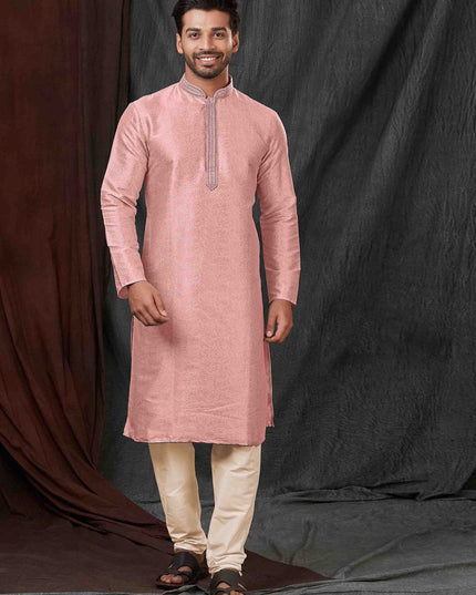 Rose Pink Jacquard Mens Kurta Pajama Set
