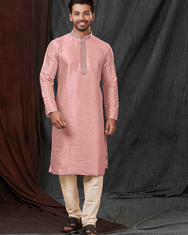 Rose Pink Jacquard Mens Kurta Pajama Set