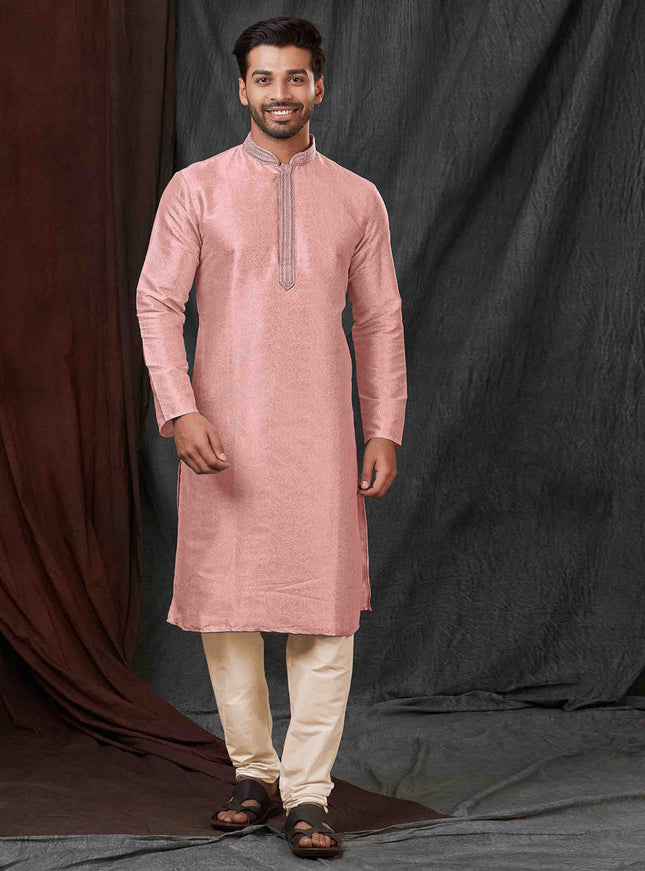 Rose Pink Jacquard Mens Kurta Pajama Set