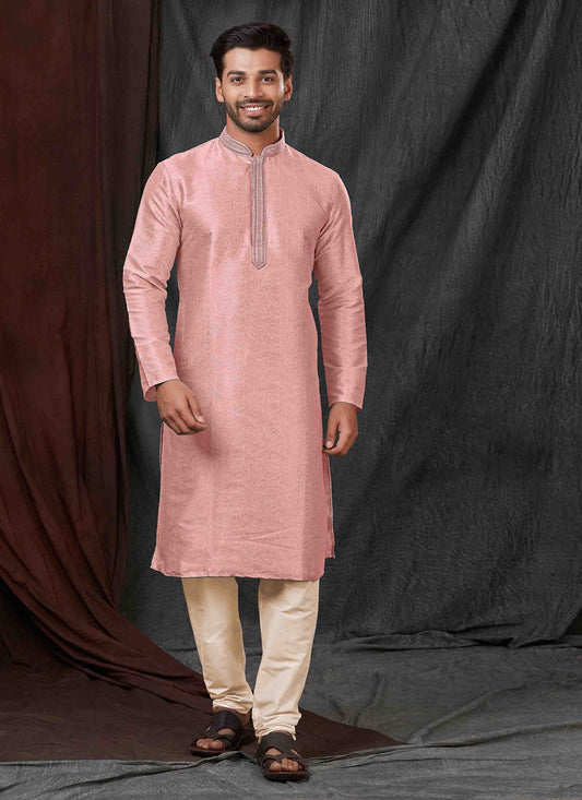 Rose Pink Jacquard Mens Kurta Pajama Set