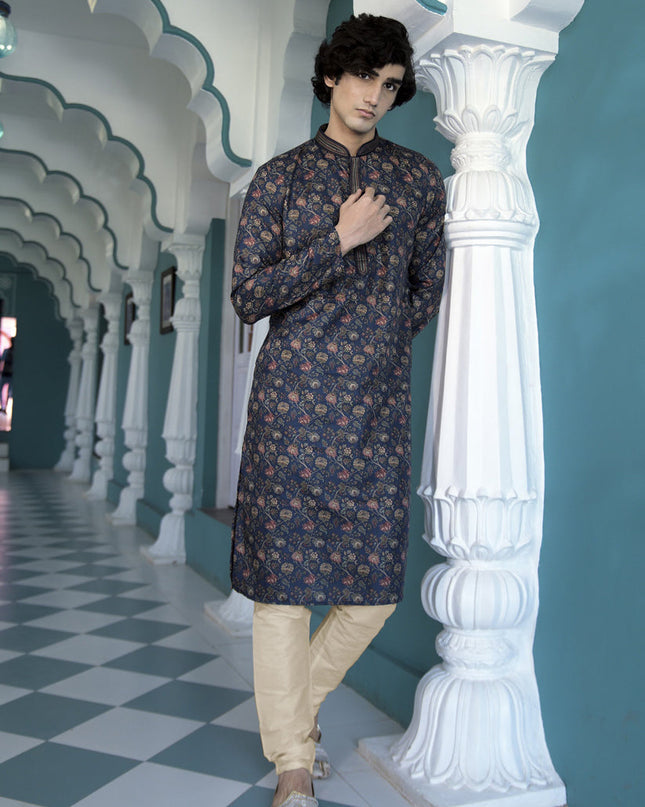 Prussian Blue Polyester Printed Mens Kurta Pajama Set