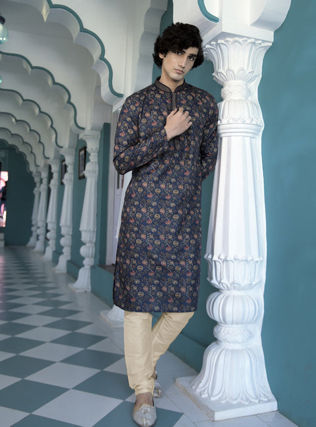 Prussian Blue Polyester Printed Mens Kurta Pajama Set