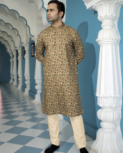 Beige Polyester Printed Mens Kurta Pajama Set