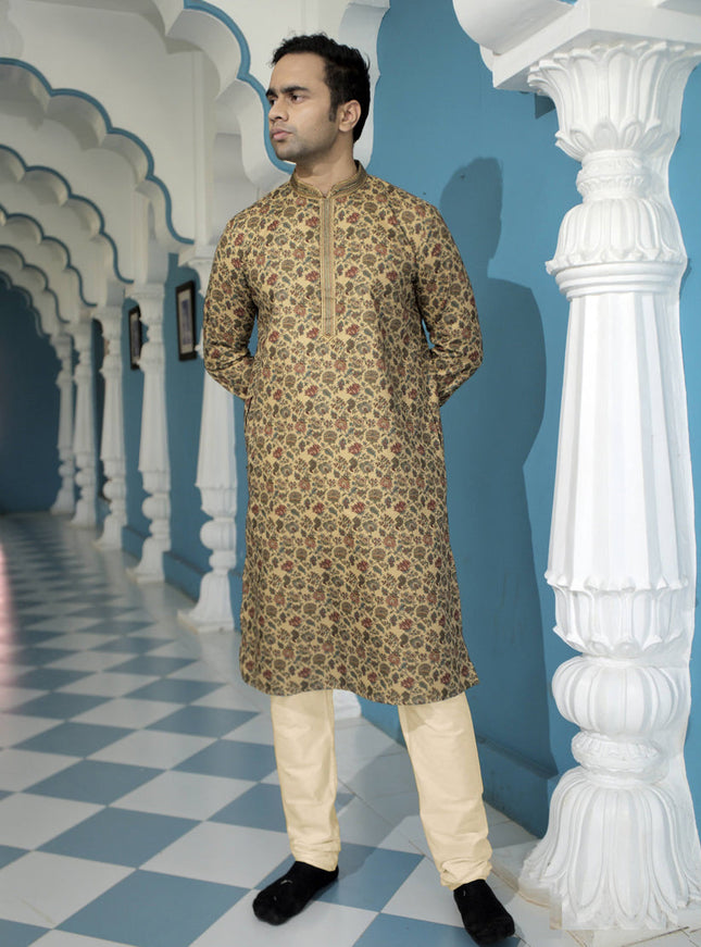 Beige Polyester Printed Mens Kurta Pajama Set