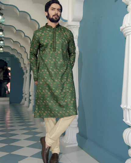 Forest Green Polyester Printed Mens Kurta Pajama Set