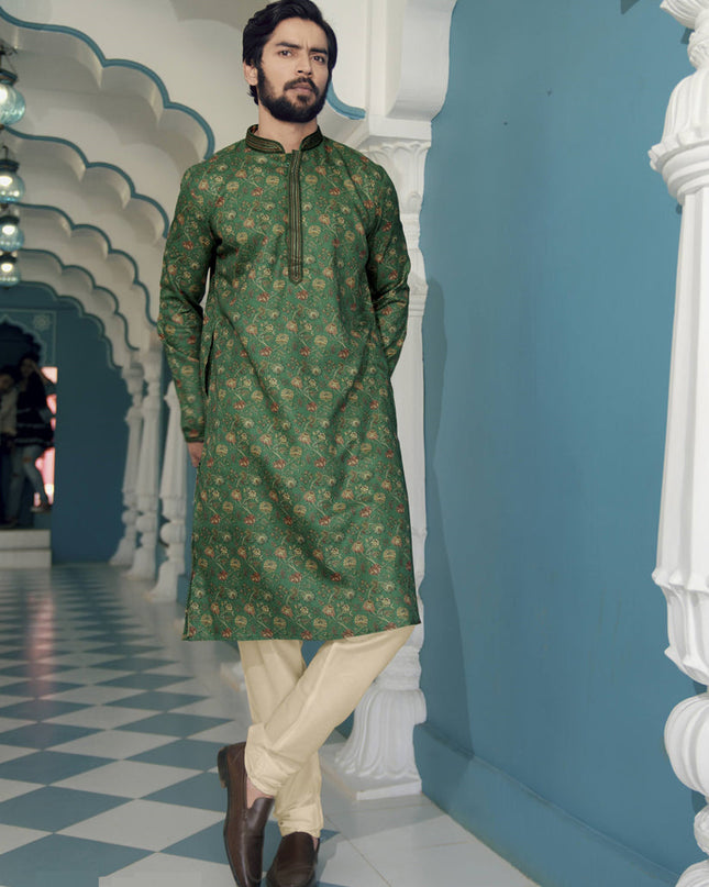 Forest Green Polyester Printed Mens Kurta Pajama Set