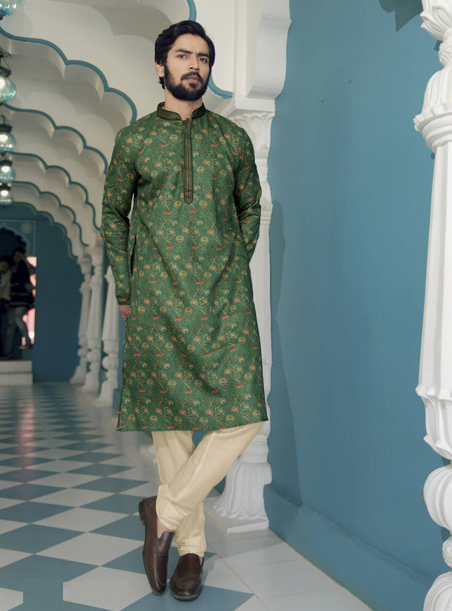 Forest Green Polyester Printed Mens Kurta Pajama Set