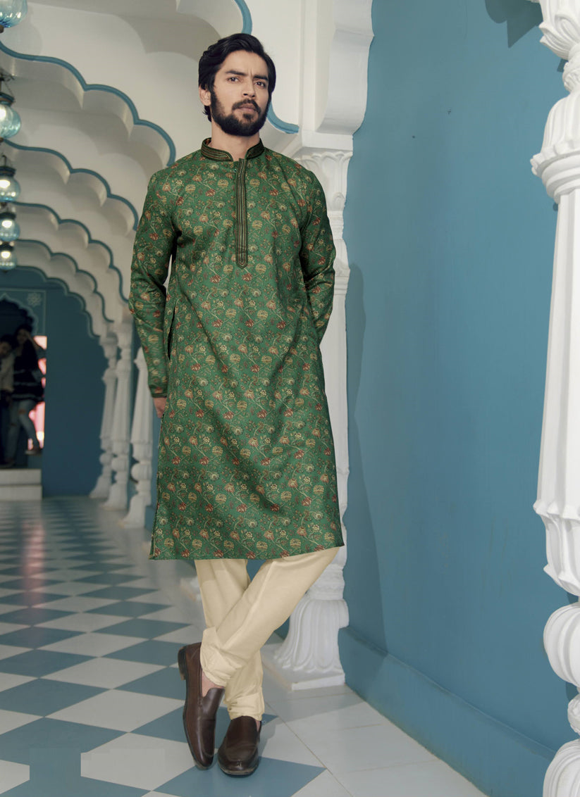 Forest Green Polyester Printed Mens Kurta Pajama Set