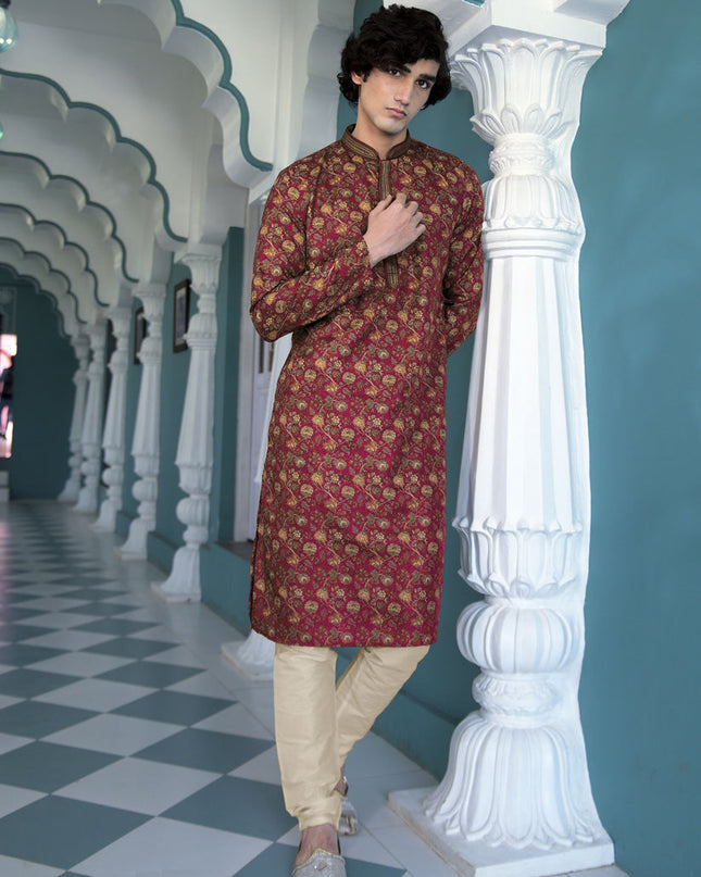 Maroon Polyester Printed Mens Kurta Pajama Set