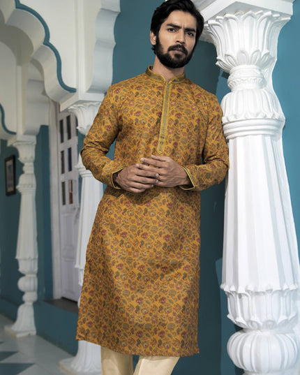 Mustard Polyester Printed Mens Kurta Pajama Set