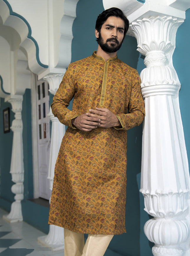 Mustard Polyester Printed Mens Kurta Pajama Set