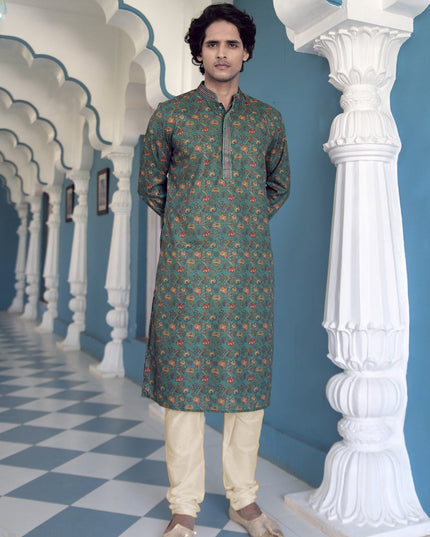 Rama Green Polyester Printed Mens Kurta Pajama Set