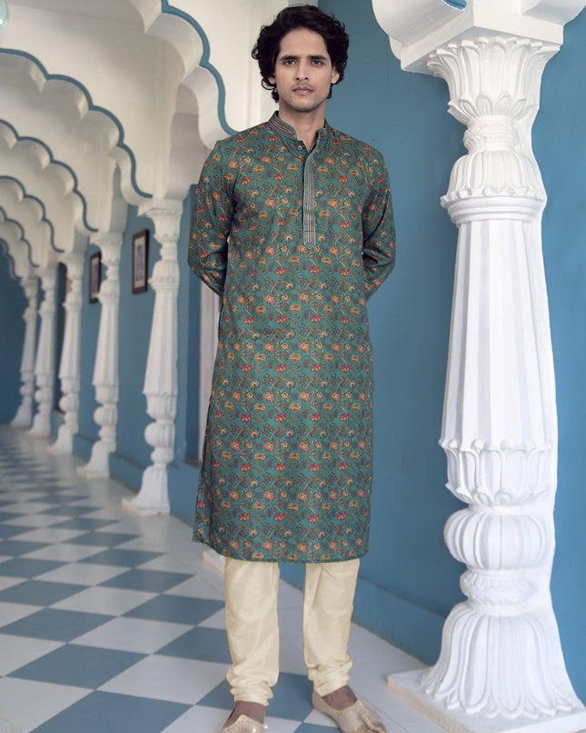 Rama Green Polyester Printed Mens Kurta Pajama Set