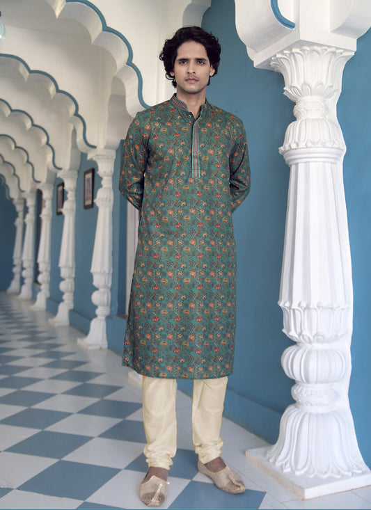 Rama Green Polyester Printed Mens Kurta Pajama Set