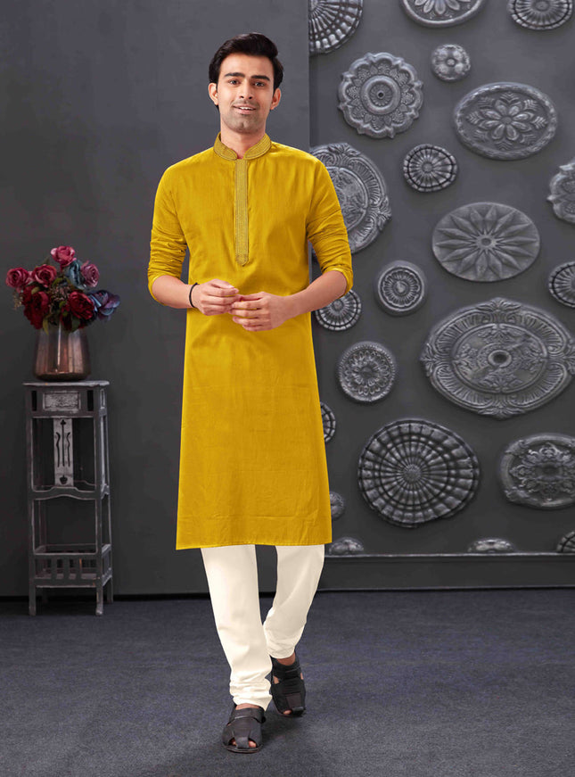 Mustard Blend Silk Mens Kurta Pajama Set